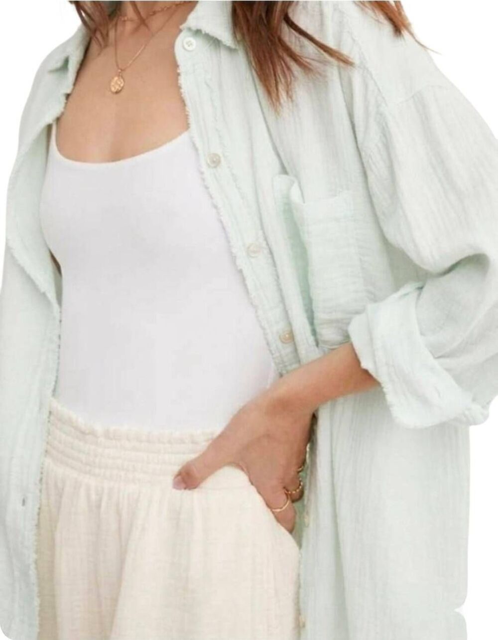 Aerie Mint Green Cotton Gauze Button Down Beach Cover Up Shirt - Size Small Peti